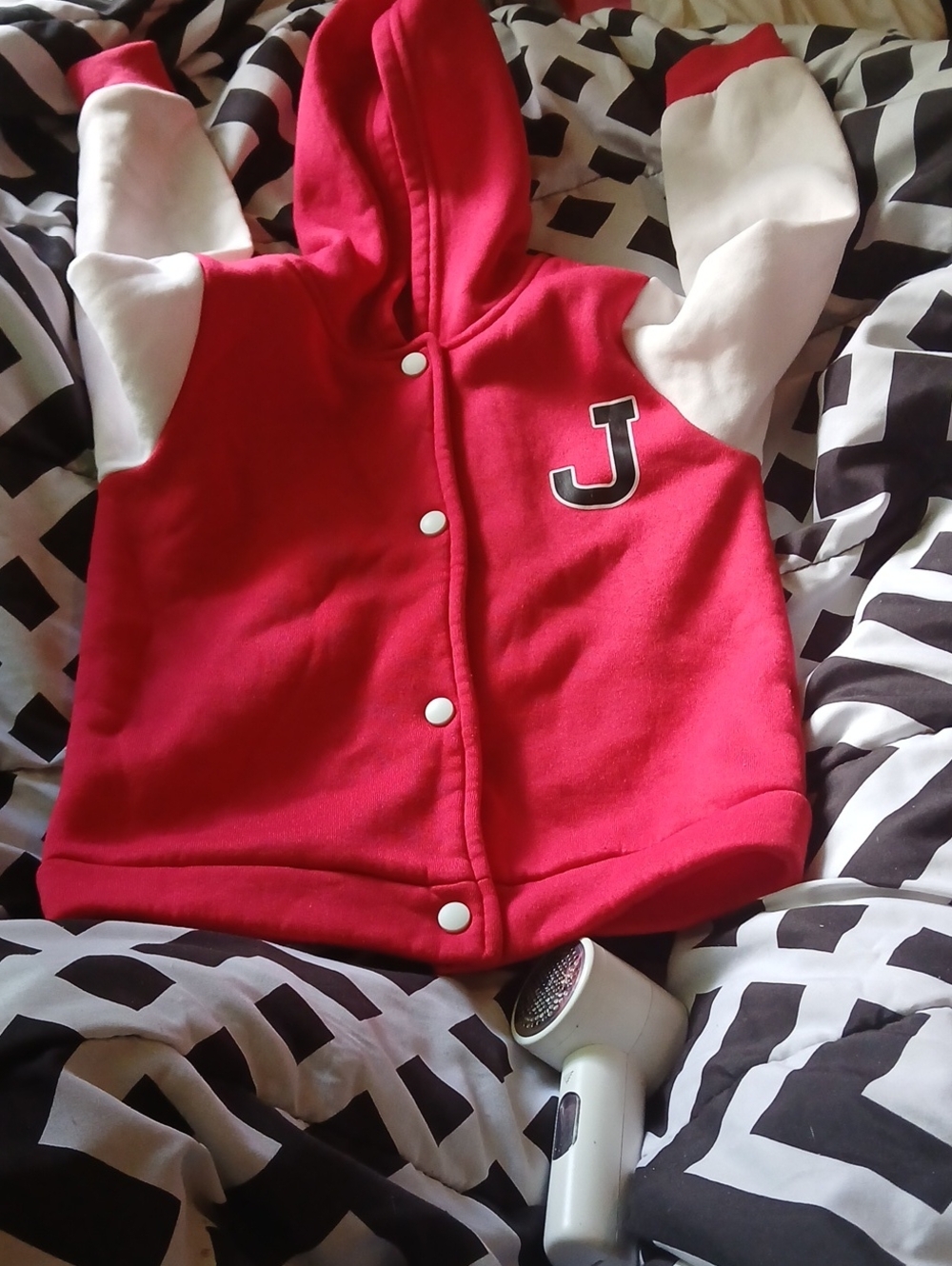 Red and White Kids Hooded Jacket with 'J' Patch